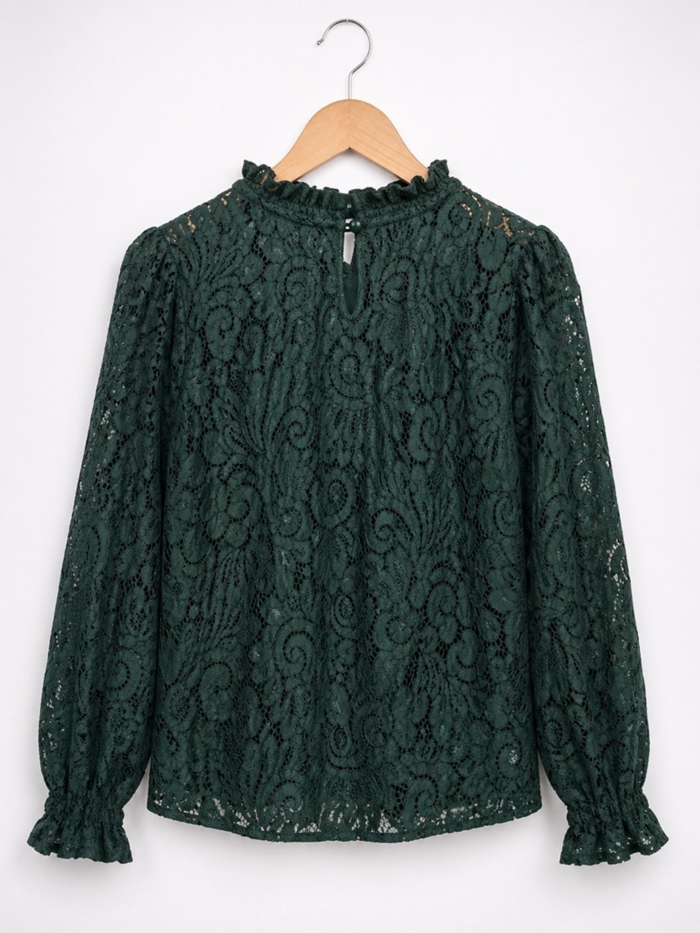Adiva Dark Green Lace Ruffle-Neck Blouse (237) - Picture 1 of 9